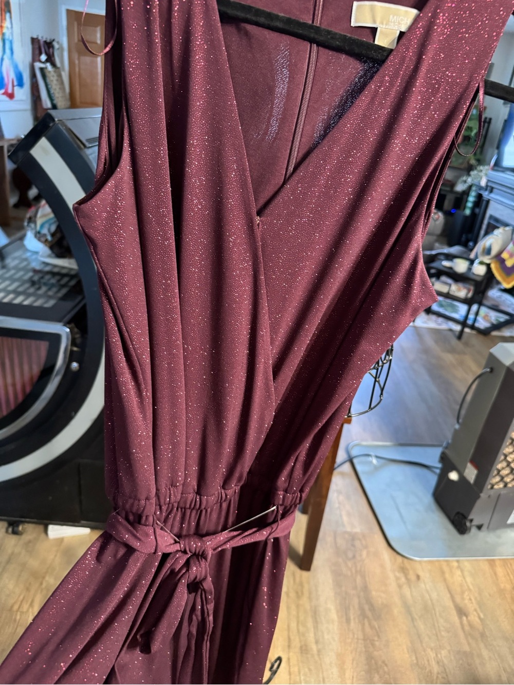 Michael Kors Sleeveless Burgundy Metallic Wrap-Effect Dress